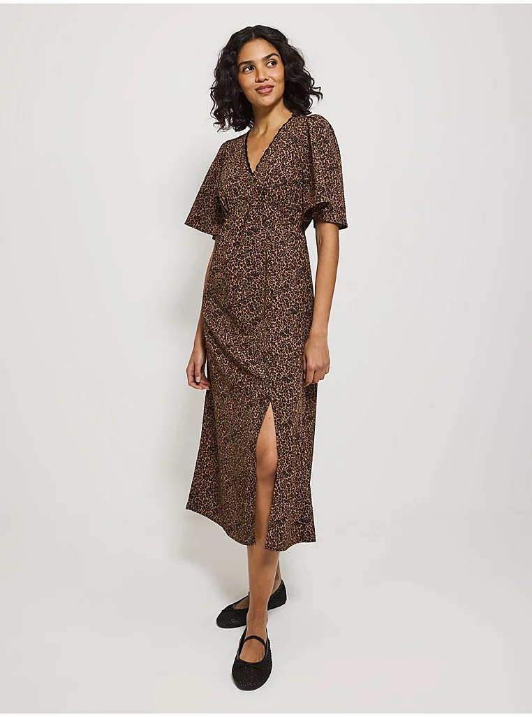 Animal Print Flutter Sleeve V Neck Midi Dress - Image 3