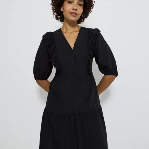 Black Crinkle Frill Boho Puff Sleeve Mini Dress